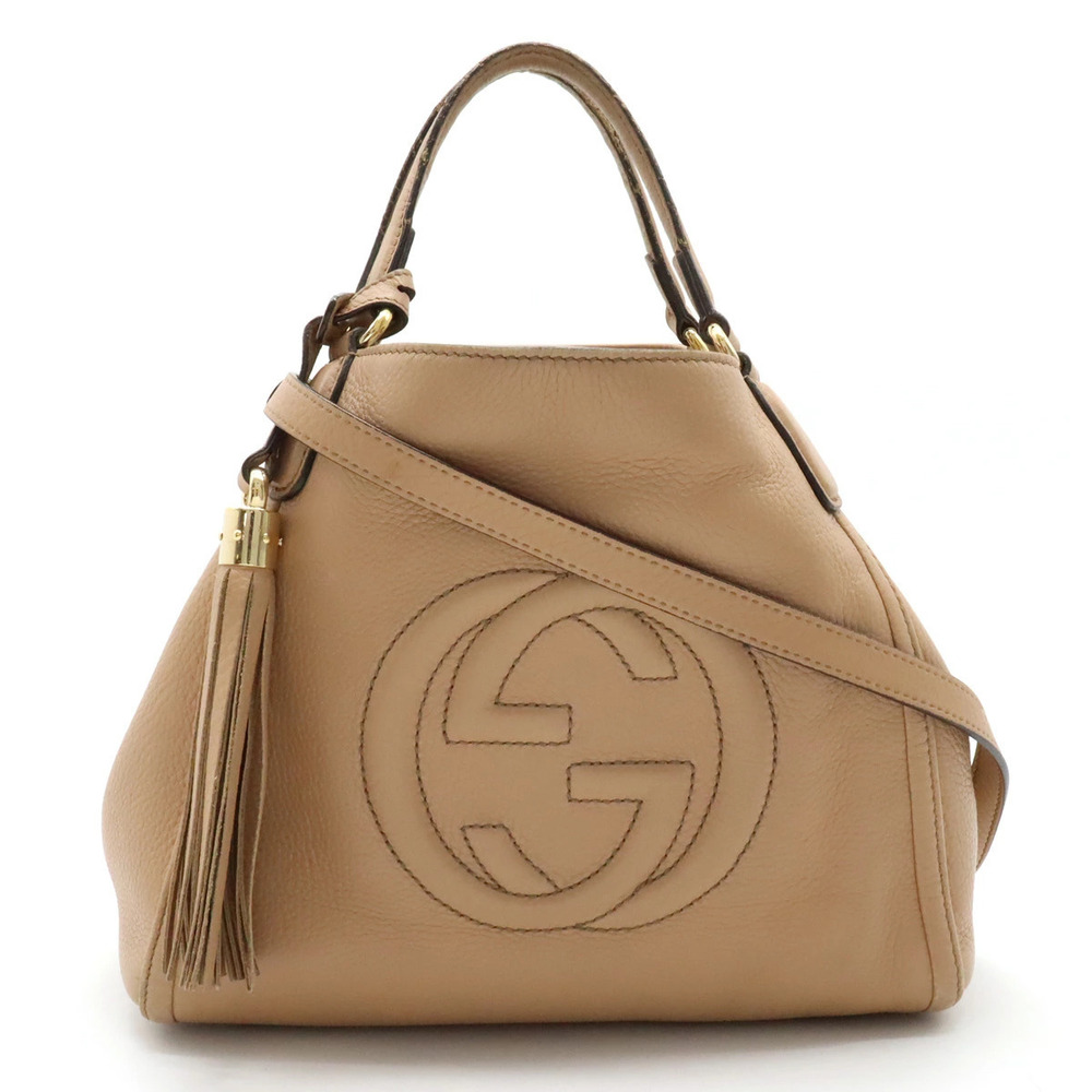 Gucci Soho Interlocking G 2way Shoulder Bag Fringe Tassel Leather Beige Cream